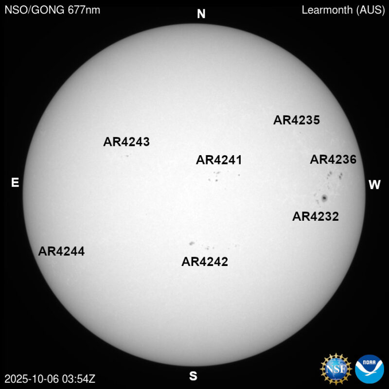 The sun, seen as a large white sphere with dark spots, each labeled.
