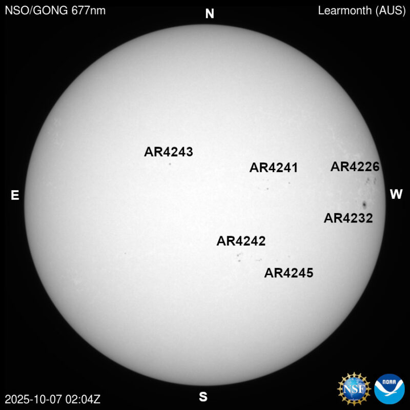 The sun, seen as a large white sphere with dark spots, each labeled.