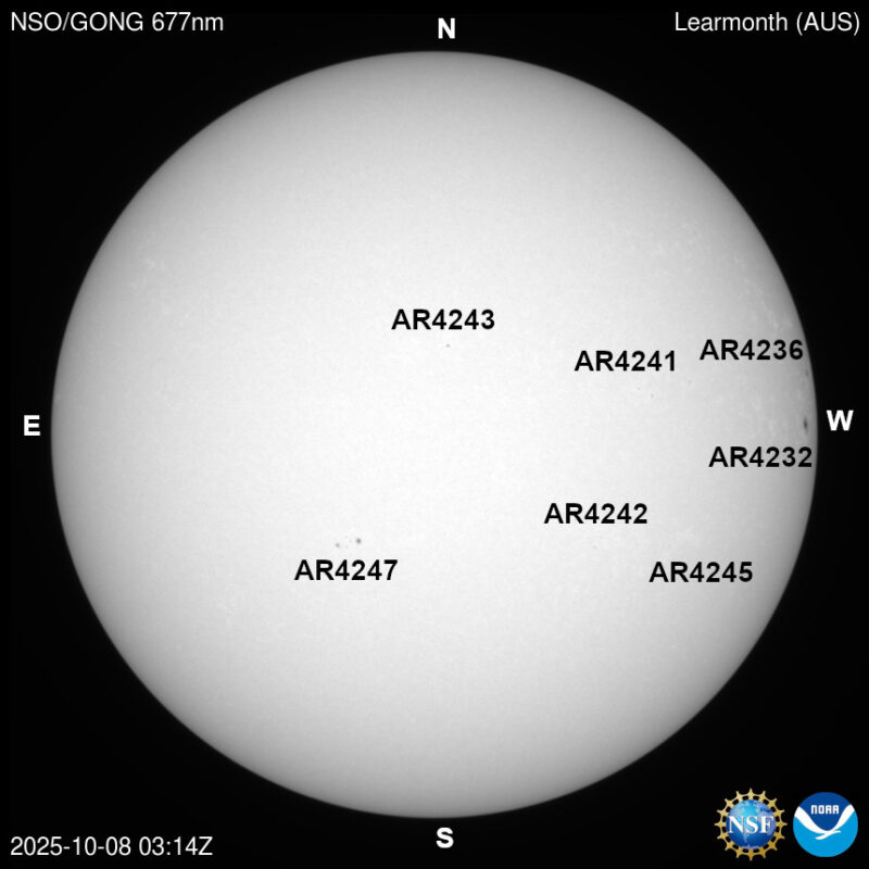 The sun, seen as a large white sphere with dark spots, each labeled.
