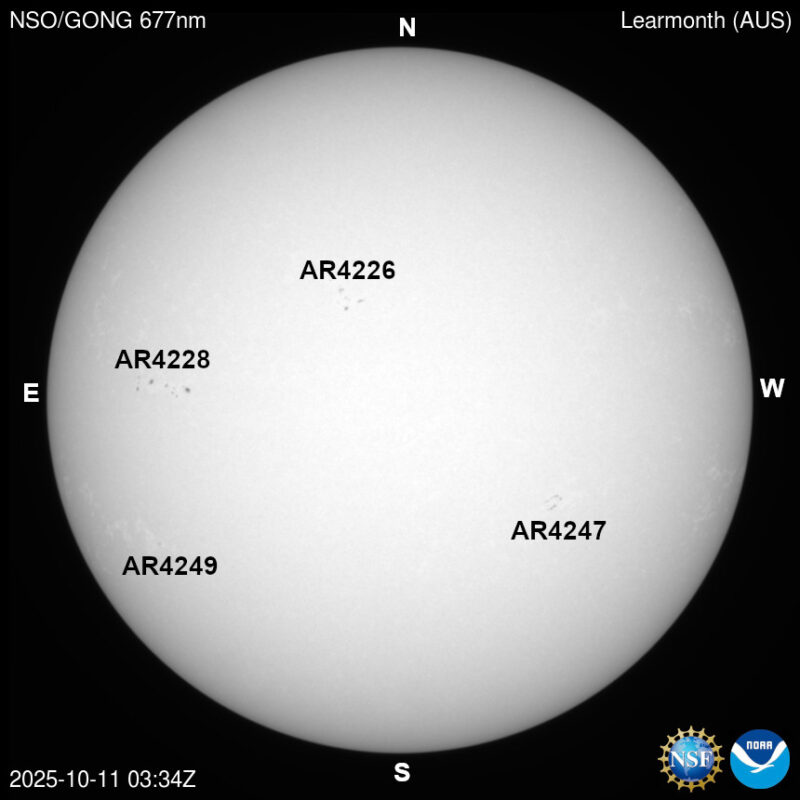 The sun, seen as a large white sphere with dark spots, each labeled.