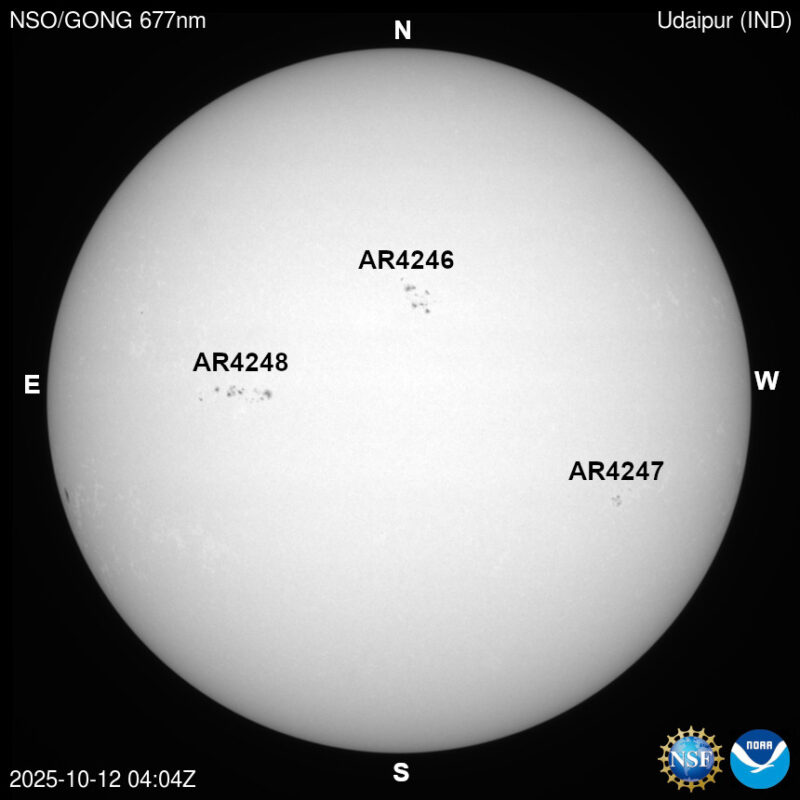 The sun, seen as a large white sphere with dark spots, each labeled.