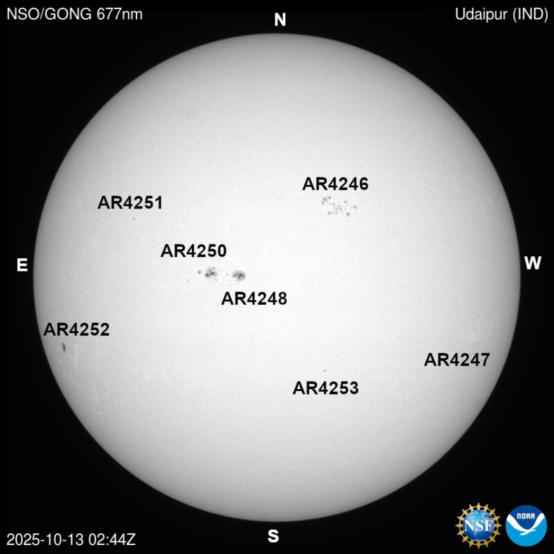 The sun, seen as a large white sphere with dark spots, each labeled.