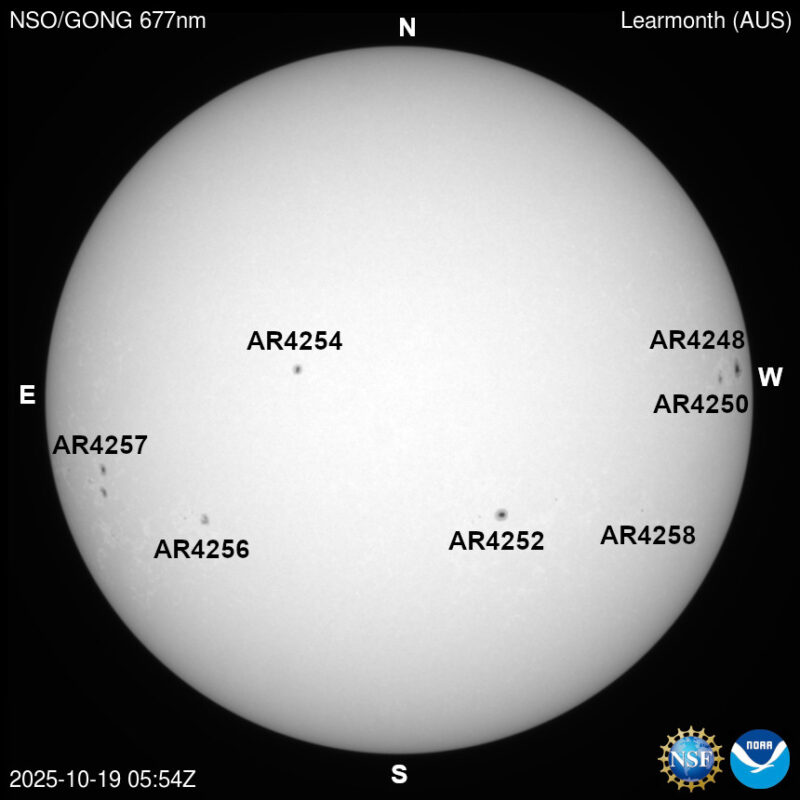 The sun, seen as a large white sphere with dark spots, each labeled.