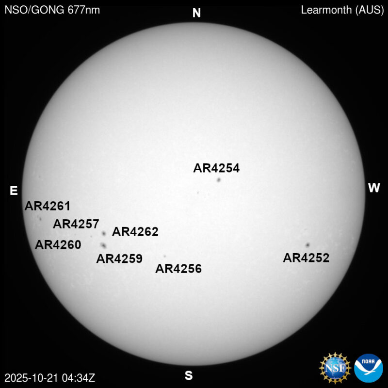 The sun, seen as a large white sphere with dark spots, each labeled.
