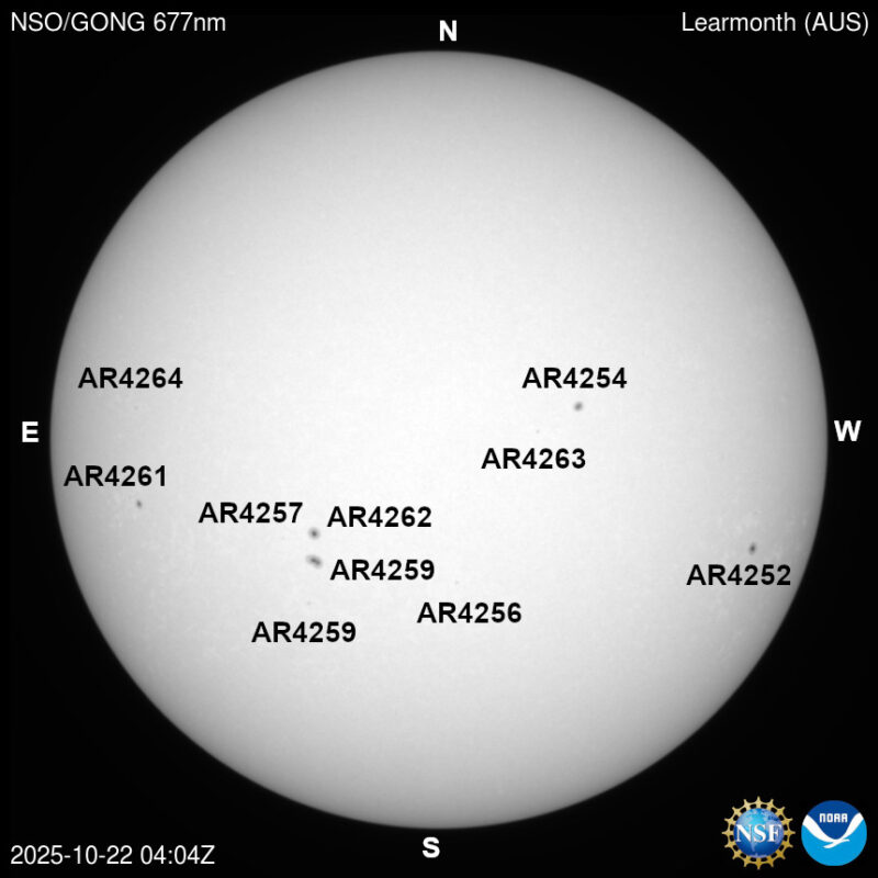 The sun, seen as a large white sphere with dark spots, each labeled.