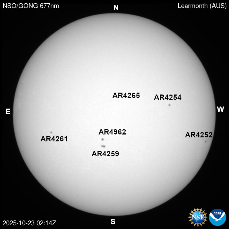 The sun, seen as a large white sphere with dark spots, each labeled.