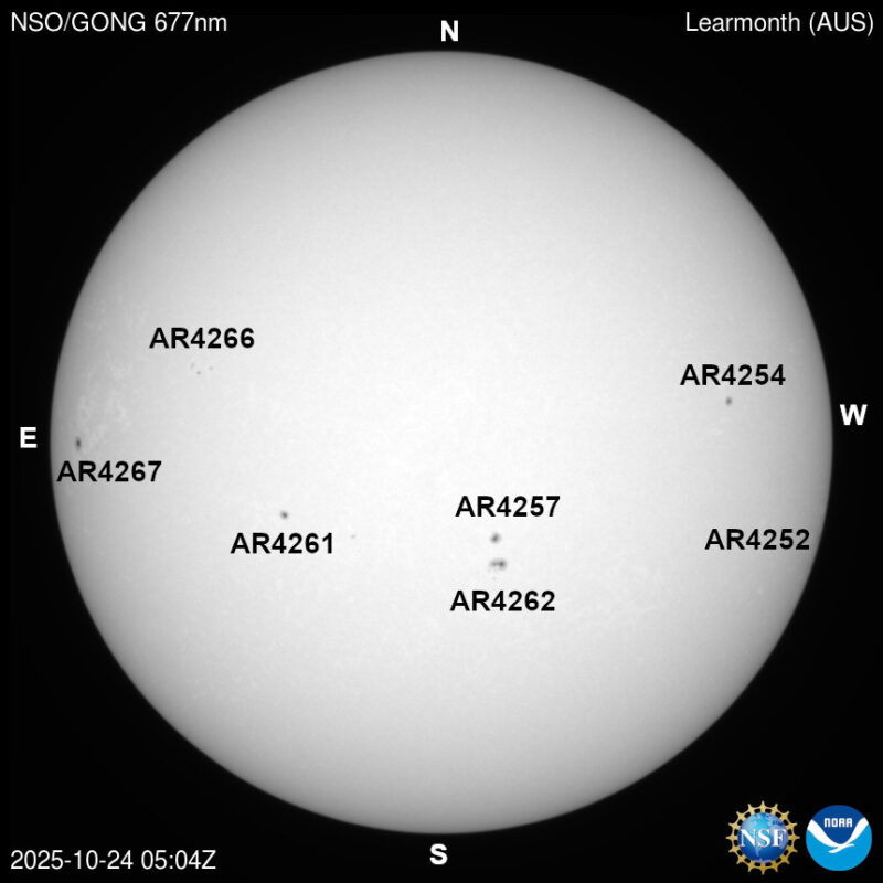 The sun, seen as a large white sphere with dark spots, each labeled.
