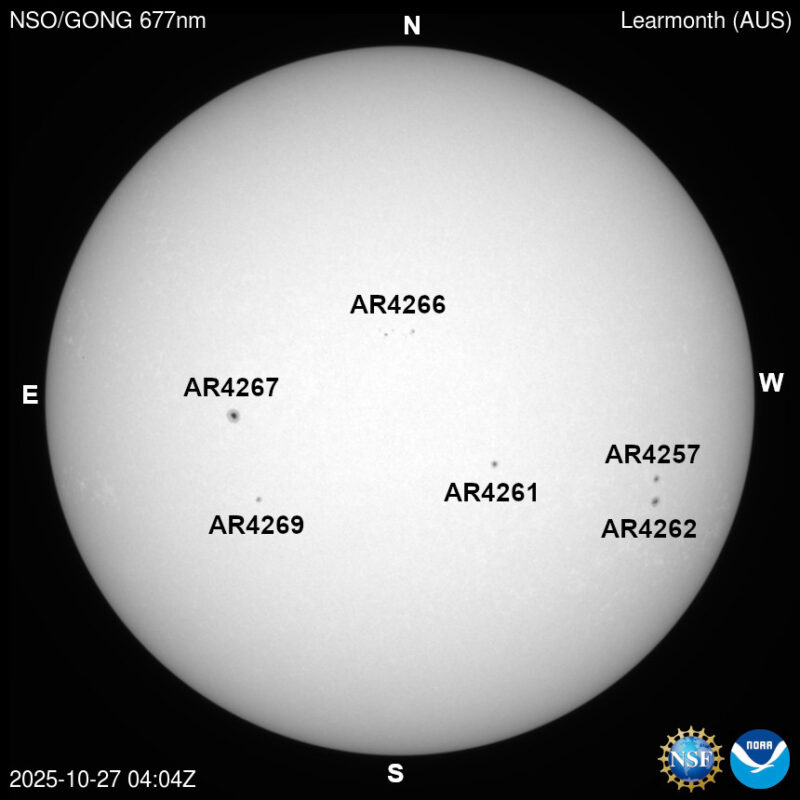 The sun, seen as a large white sphere with dark spots, each labeled.