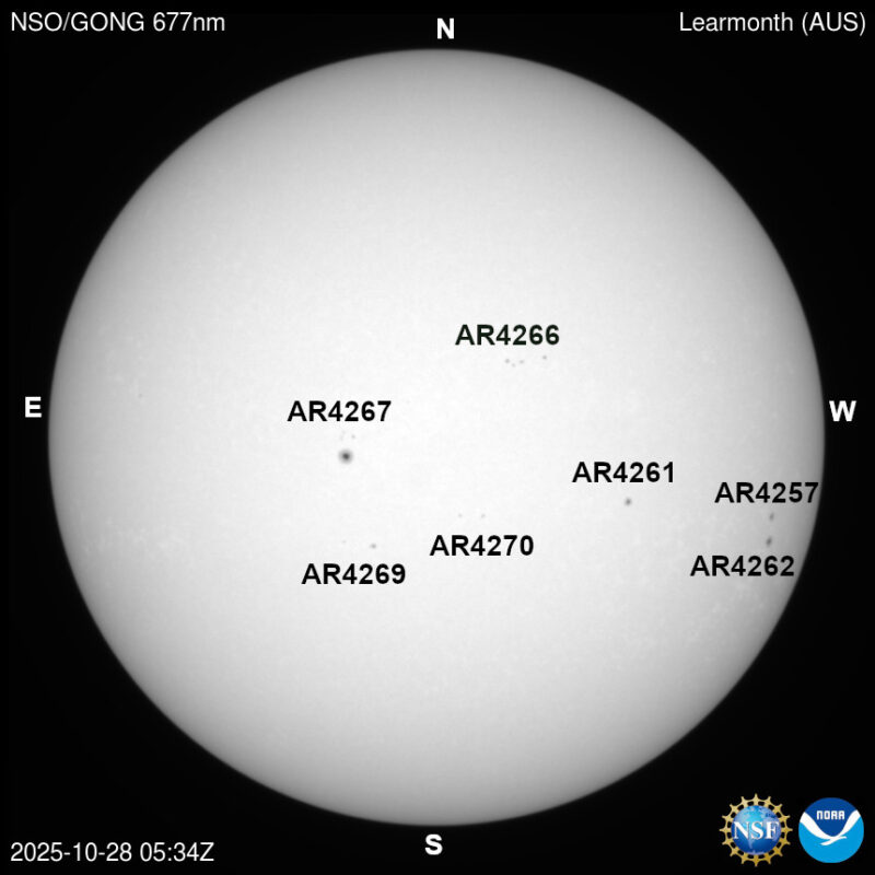 The sun, seen as a large white sphere with dark spots, each labeled.