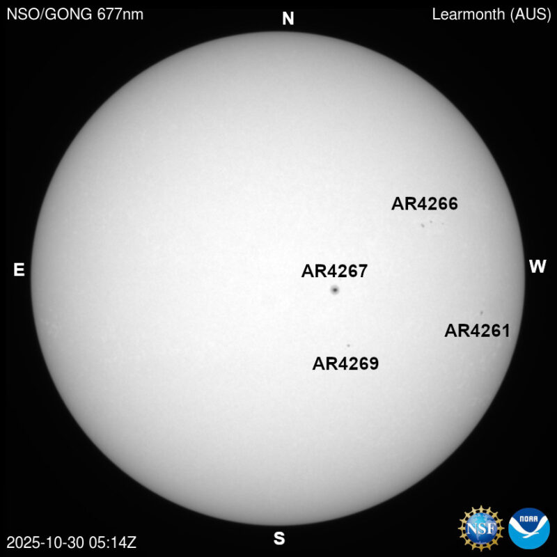 The sun, seen as a large white sphere with dark spots, each labeled.