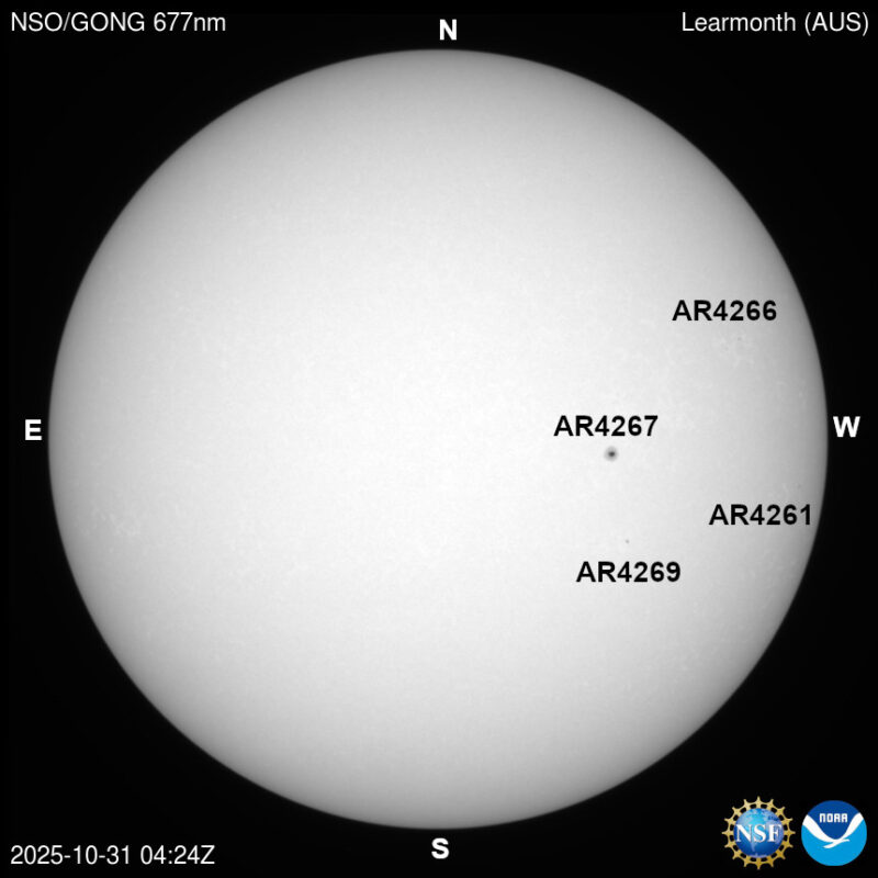 The sun, seen as a large white sphere with dark spots, each labeled.