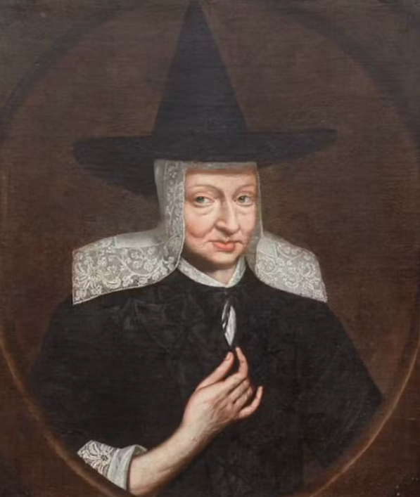 Painting of a woman wearing a black, pointed hat.
