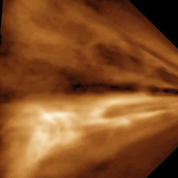 Animation showing solar wind streaming through space.