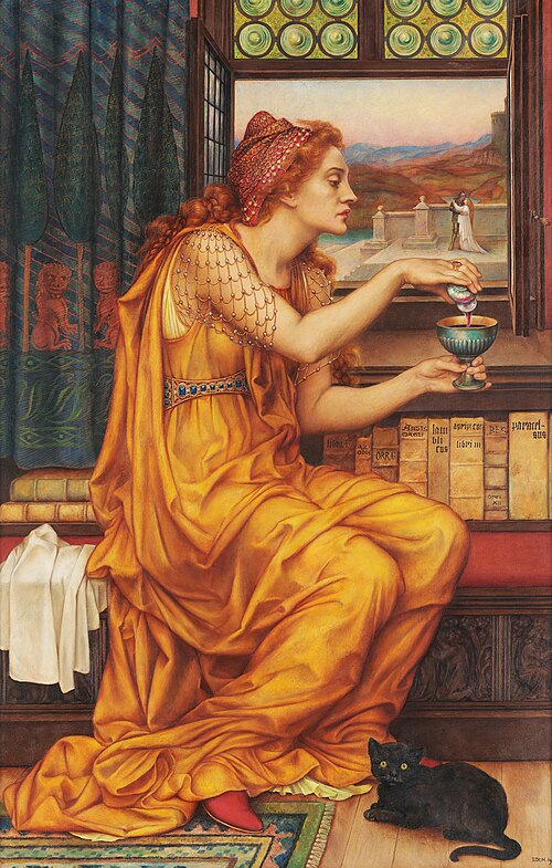 Painting of a woman pouring a liquid into a glass, with a black cat at her feet.