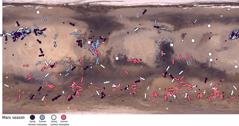 Rolled-out map of Mars with very many tiny short lines in red, white, blue, and green pointing every which way.