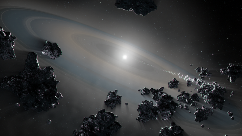 Dead star: White light at center surrounded by a gray disk and rocky material spiraling inward.
