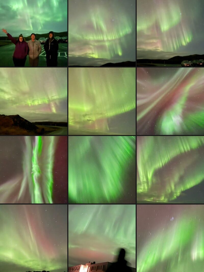 A mosaic of many aurora images. In the upper left is an image of 3 people standing in what looks like a parking lot, wrapped in heavy coats, under an aurora-filled sky.