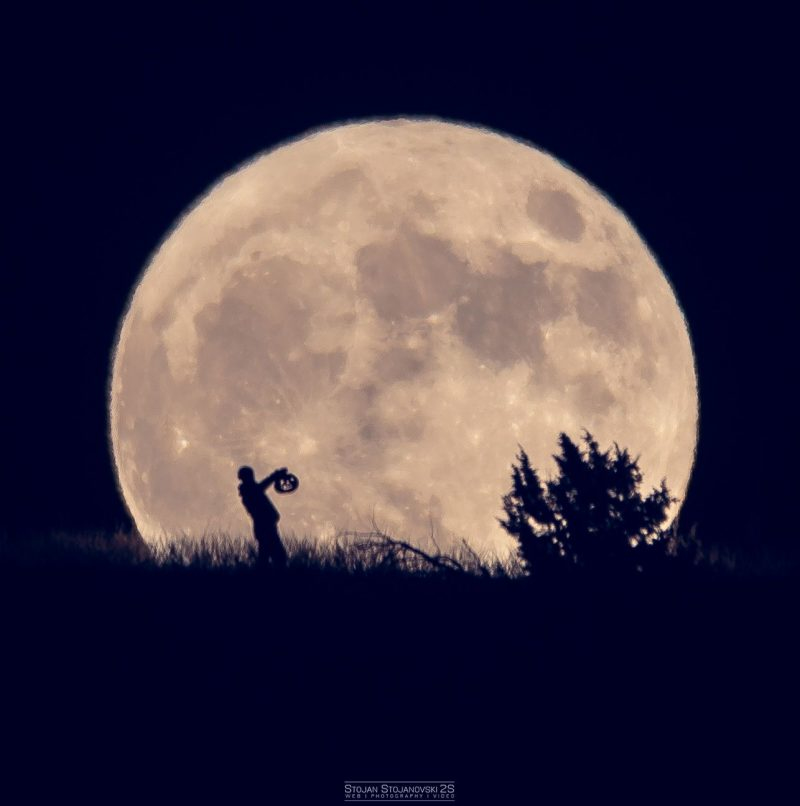 A giant full moon on horizon with small, silhouetted man holding a jack-o-lantern.