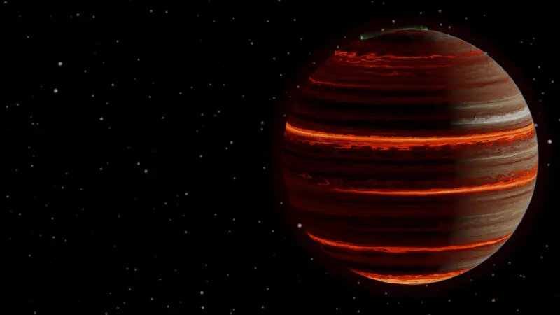 Dark planet with bright red bands going around it, and green, circular auroras near the north pole. Stars in background.