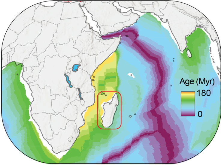 Map of Africa and Indian Ocean with jagged lines in yellow, green, and purple mostly parallel to the African coast.