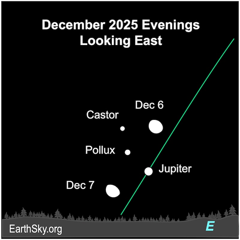 A fat hemisphere, the gibbous moon, lies above a large dot, Jupiter, on the first night. Then it passes between the large dot and two smaller dots, the star Castor and Pollux, on the next night. Below them all is the wavy line of the horizon.