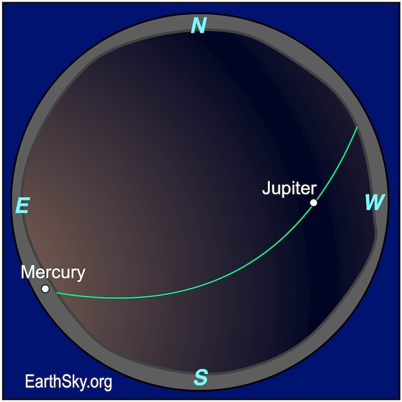 Sphere chart showing a dot, Mercury, hugging a wavy line, the eastern horizon. Above the western horizon line is a larger dot, Jupiter.
