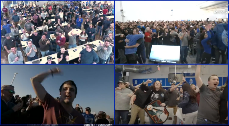 4 panels showing people cheering and making triumphant gestures after liftoff.