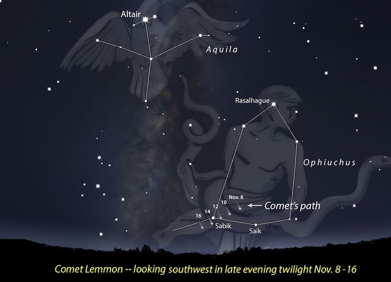 Star chart with stars and constellations outlined and 4 positions of the comet.