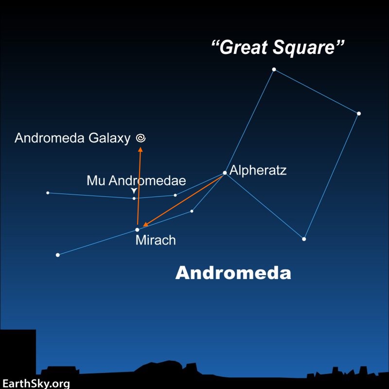 Star chart: constellation Andromeda and asterism Great Square with the Andromeda galaxy and stars labeled.