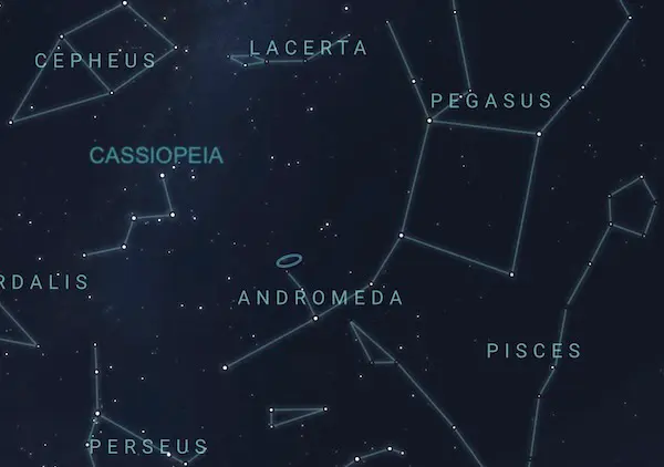 Star chart with 2 blinking yellow arrows from Great Square to constellation Andromeda to Andromeda galaxy.