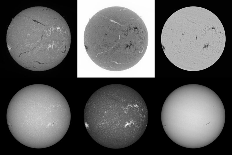 The sun, seen as six gray spheres.