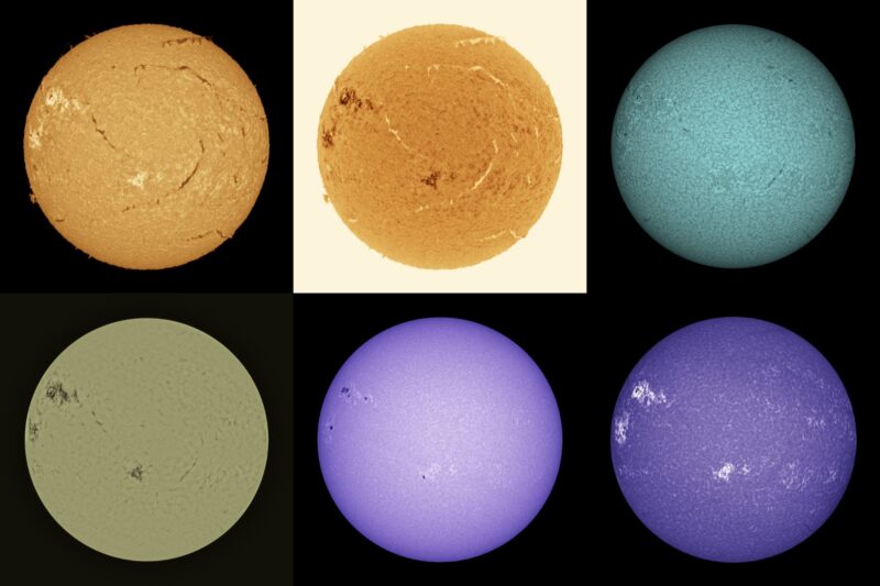 The sun, seen as six spheres in different bright colors.