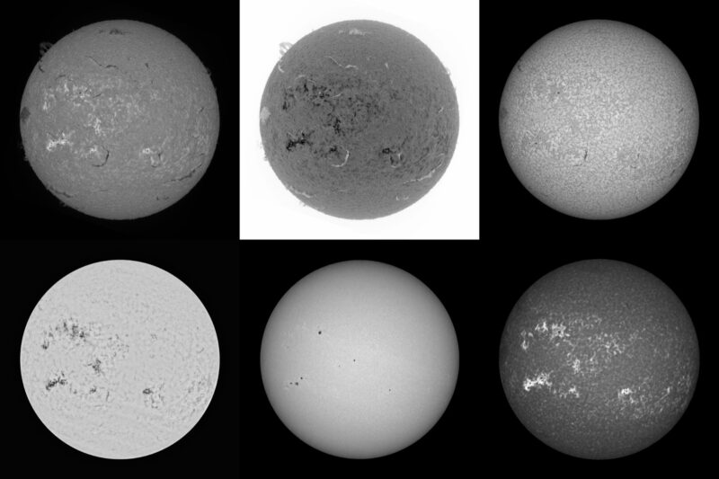The sun, seen as six gray spheres.
