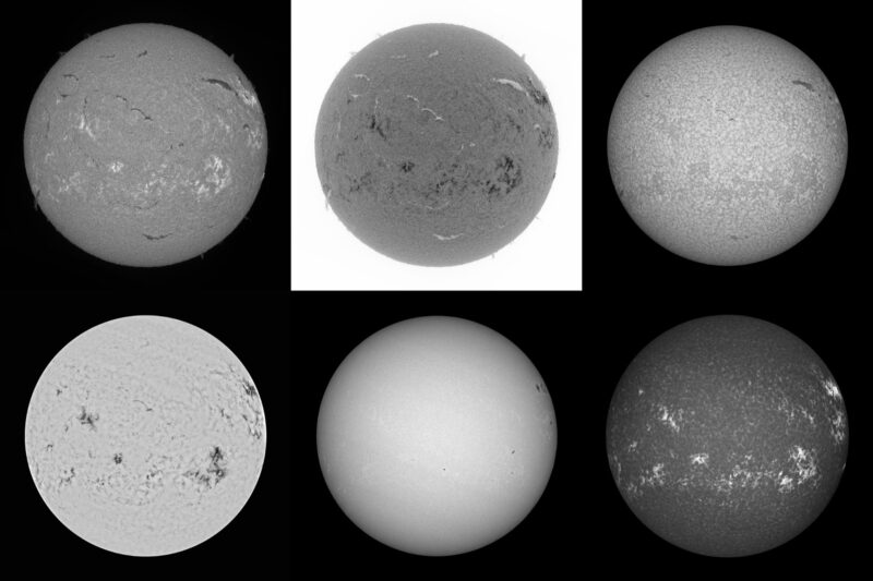 The sun, seen as six gray spheres.