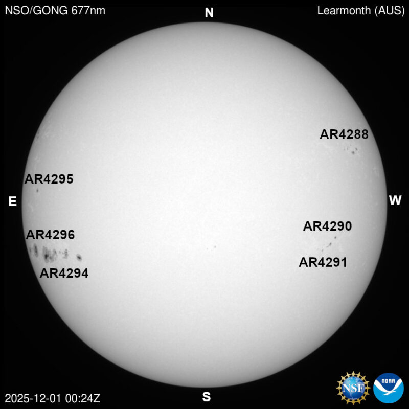 The sun, seen as a large white sphere with dark spots, each labeled.