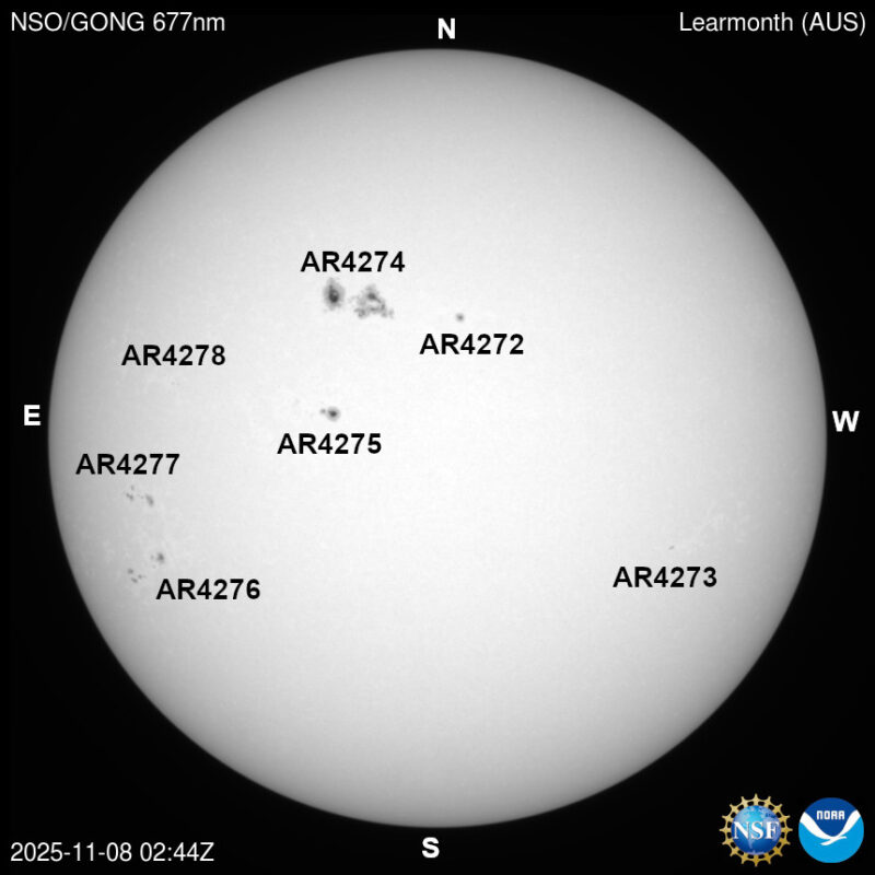 The sun, seen as a large white sphere with dark spots, each labeled.