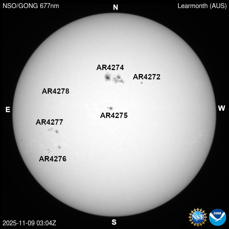 The sun, seen as a large white sphere with dark spots, each labeled.