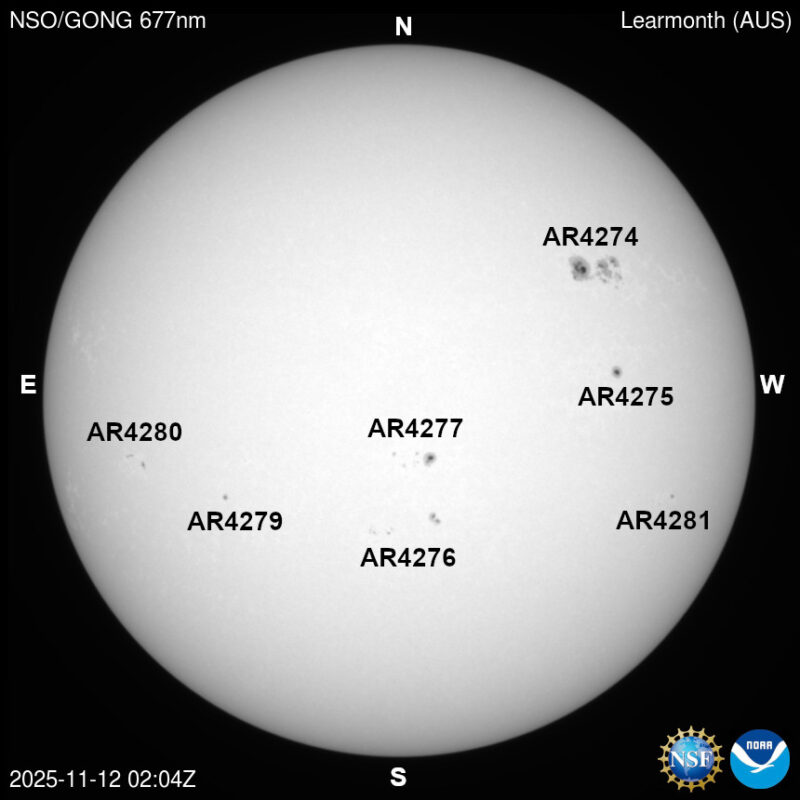 The sun, seen as a large white sphere with dark spots, each labeled.