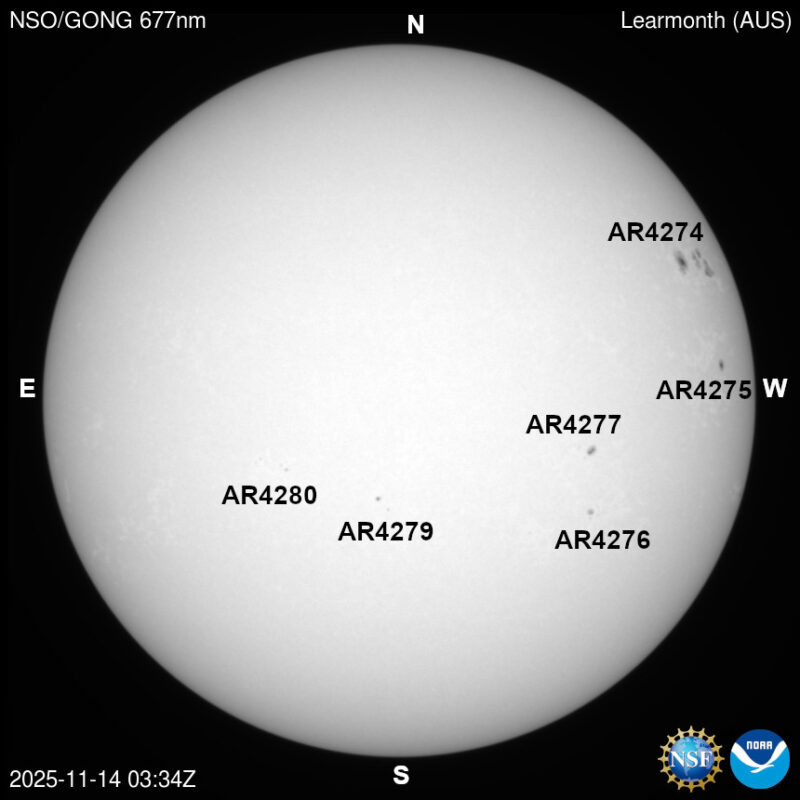 The sun, seen as a large white sphere with dark spots, each labeled.