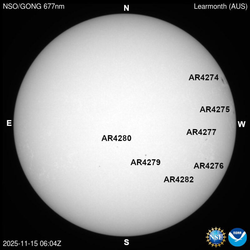 The sun, seen as a large white sphere with dark spots, each labeled.