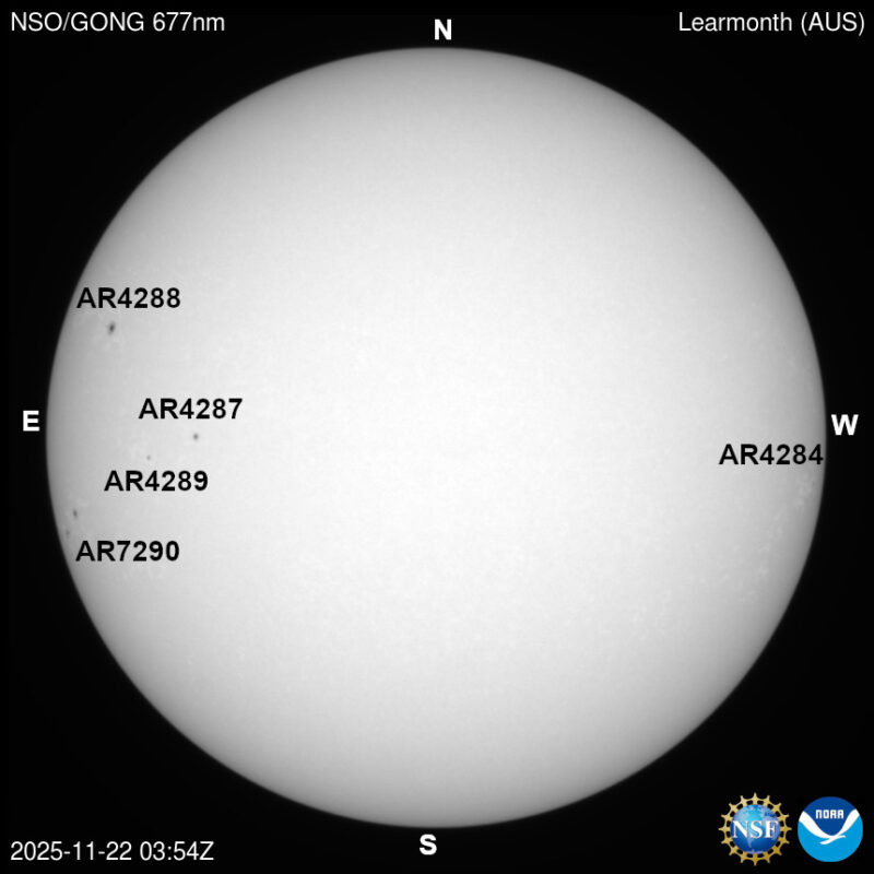 The sun, seen as a large white sphere with dark spots, each labeled.