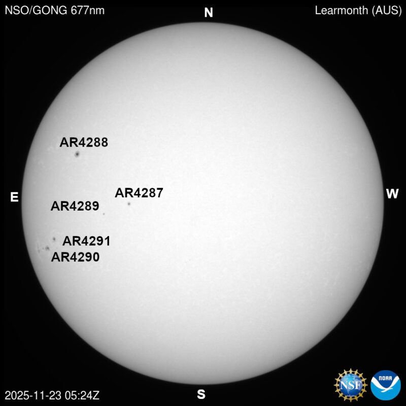 The sun, seen as a large white sphere with dark spots, each labeled.
