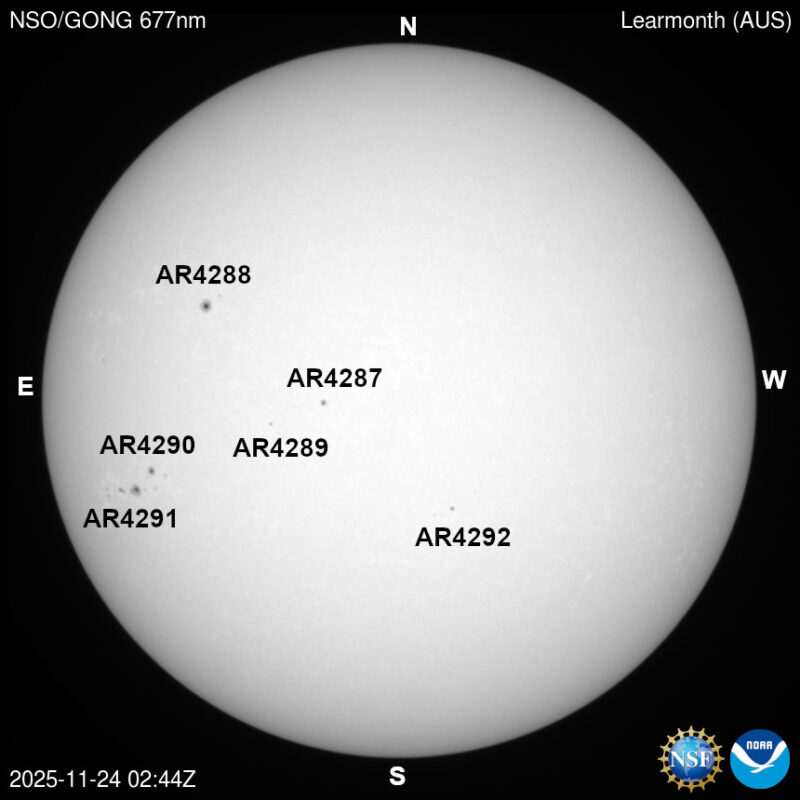 The sun, seen as a large white sphere with dark spots, each labeled.