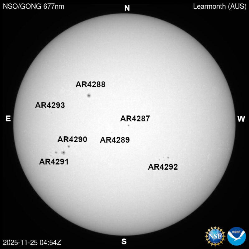 The sun, seen as a large white sphere with dark spots, each labeled.