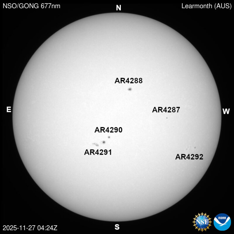 The sun, seen as a large white sphere with dark spots, each labeled.