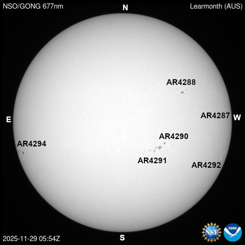 The sun, seen as a large white sphere with dark spots, each labeled.