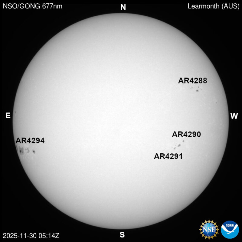 The sun, seen as a large white sphere with dark spots, each labeled.