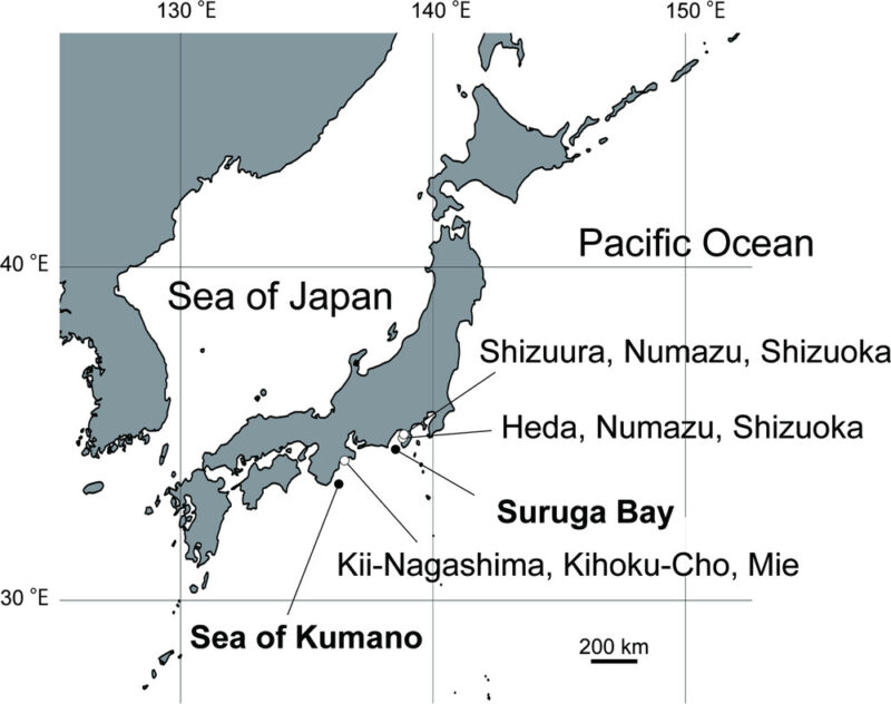 Map of Japan with some areas labeled.