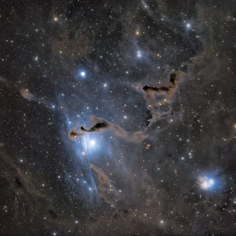 Велике, сложене филаменте светло плавог и тамно браон гаса, са бројним звездама у позадини.