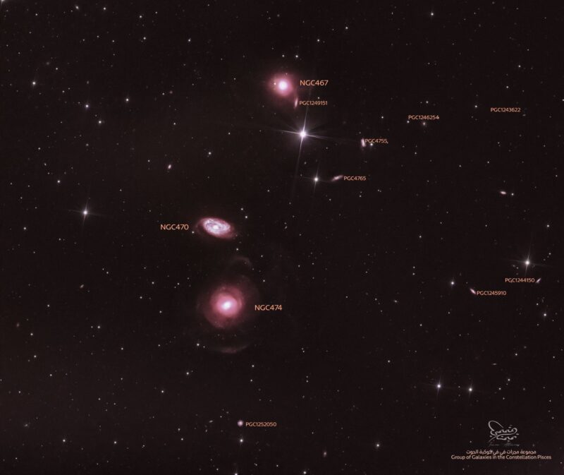 Три црвенкасте мрље спиралне маглине, прекривене богатом позадином звезда.